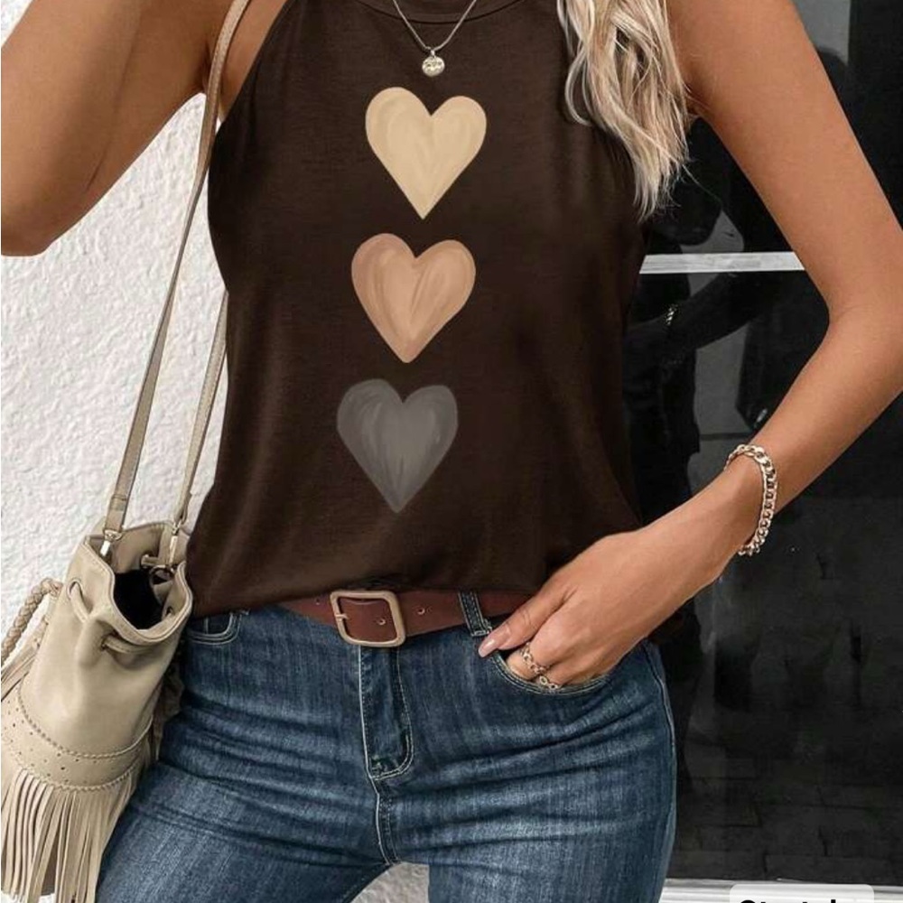 SHEIN Brown Cream Tank Top with Heart Design
